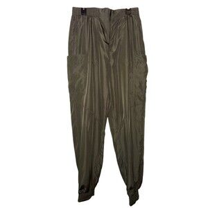 Labijou Women's Basic Solid Shiny Satin Cargo Pocket Jogger Green Pants Medium